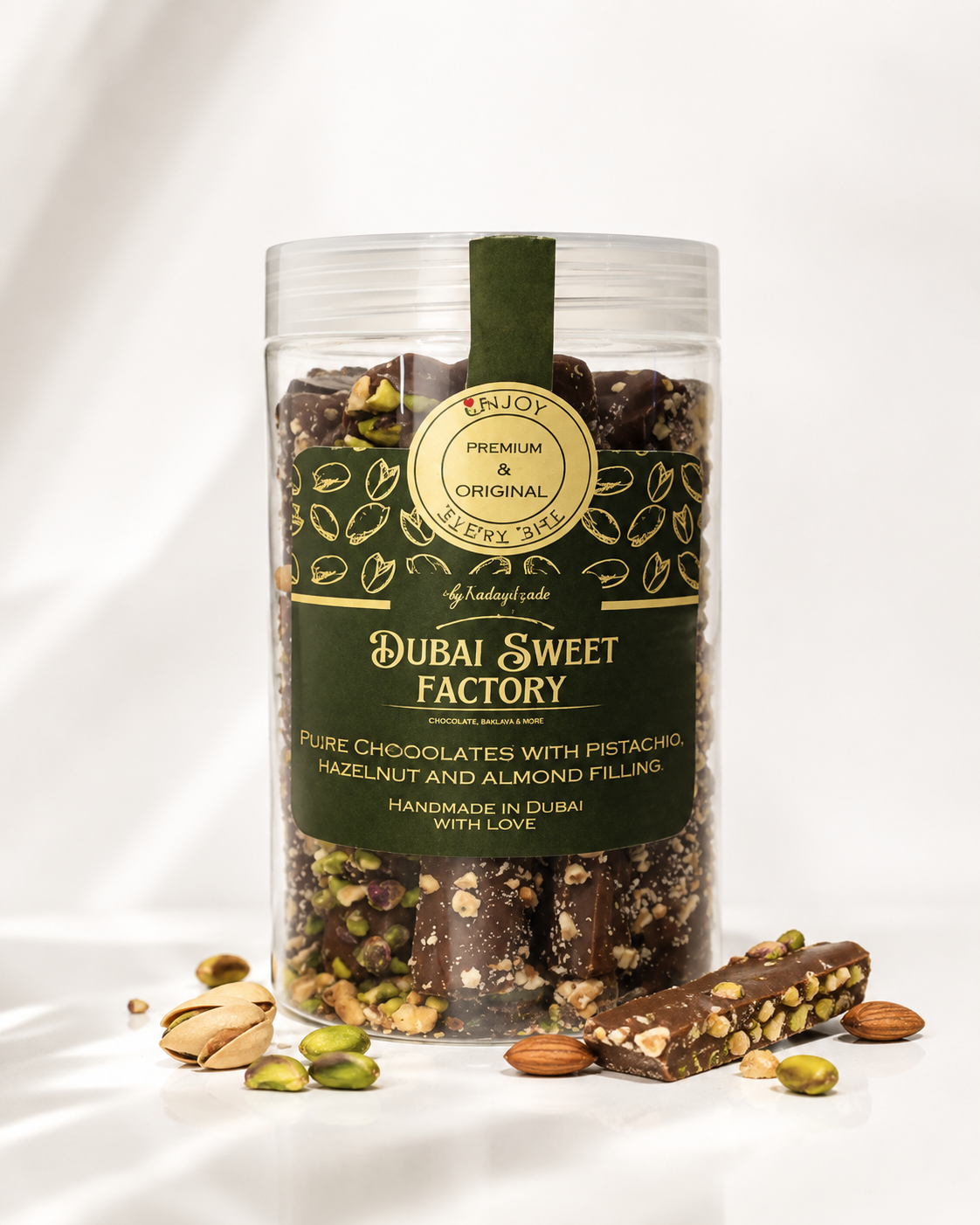 Flute Chocolate with pistachio, hazelnut and strawberry filling