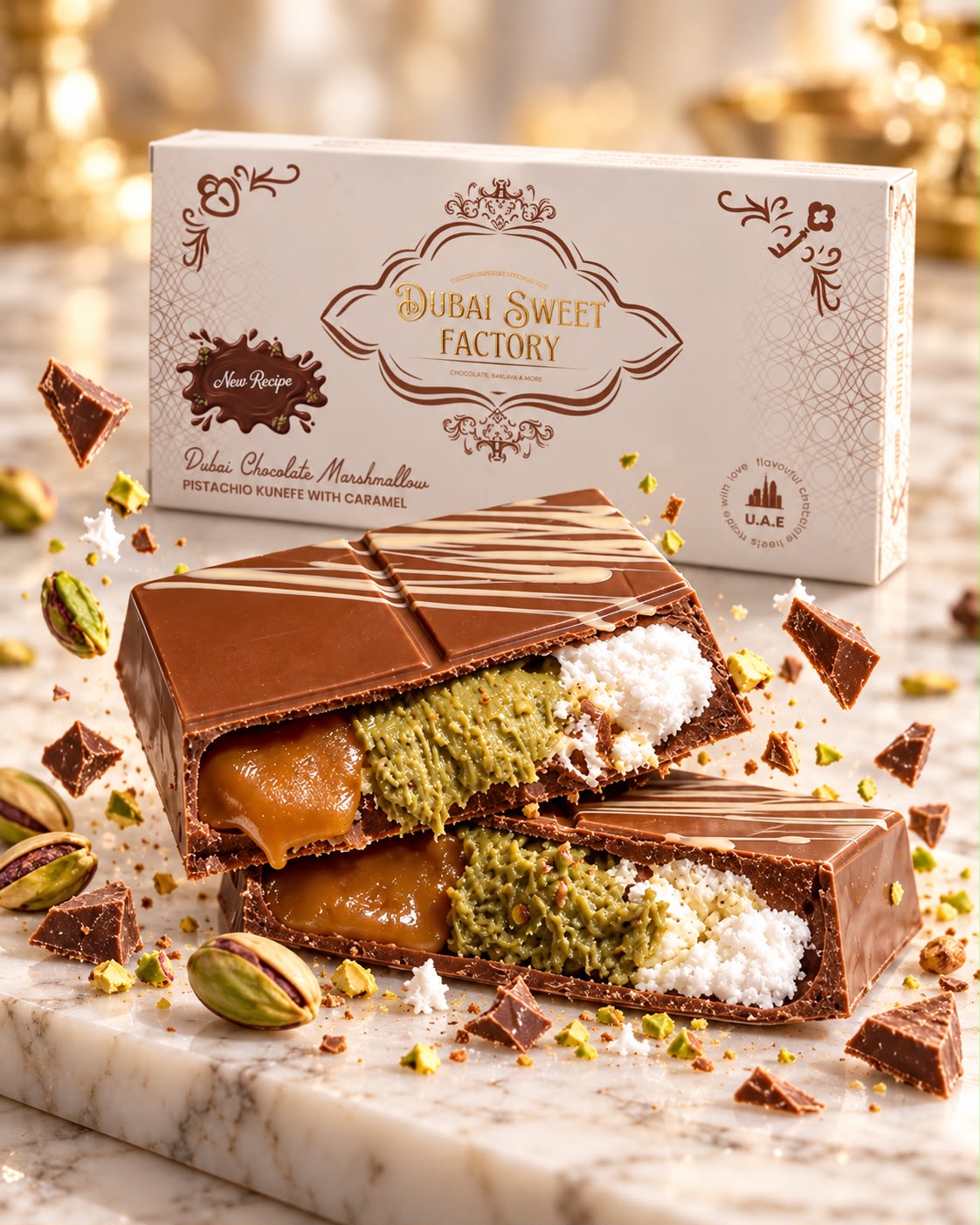 Dubai Chocolate Marshmallow Pistachio kunefe with Caramel