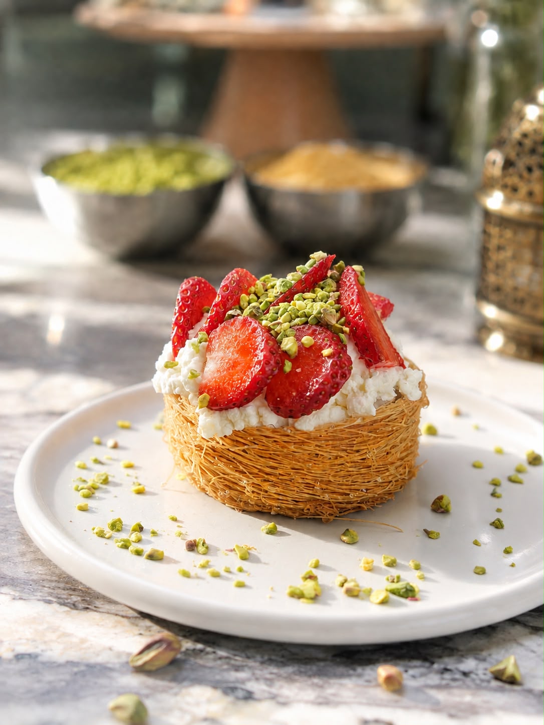 Bird nest with Qishta Cream and fresh Strawberries